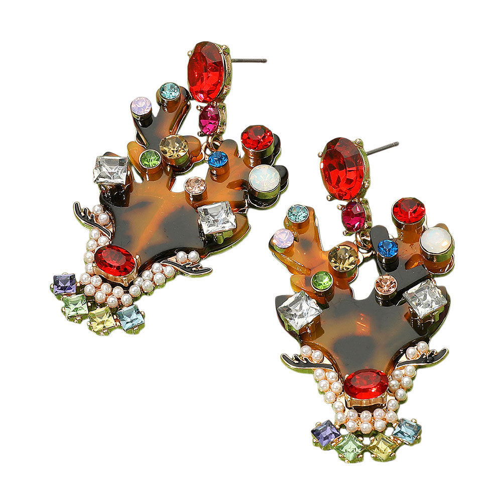 iLLASPARKZ Rhinestone Pearl Embellished Resin Reindeer Dangle Earrings