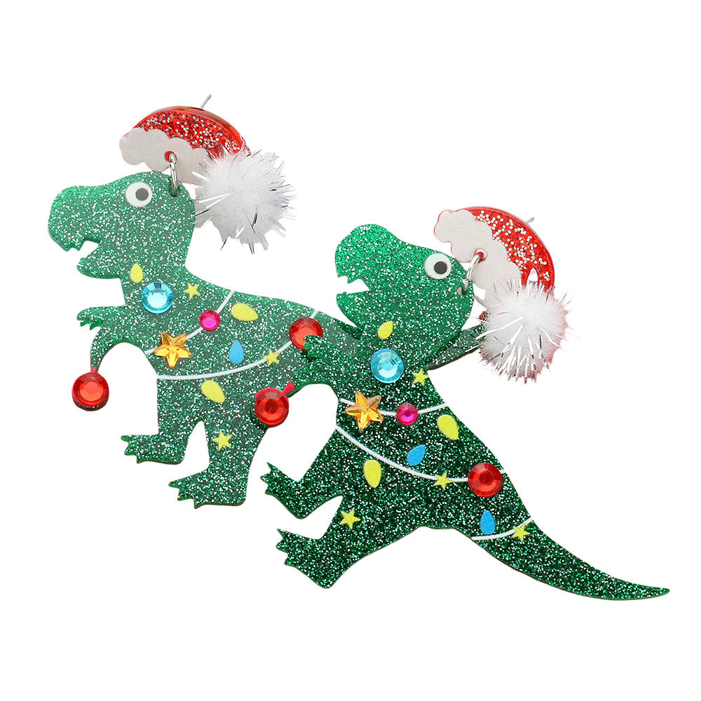 iLLASPARKZ Glittered Resin Pom Christmas Dinosaur Dangle Earrings
