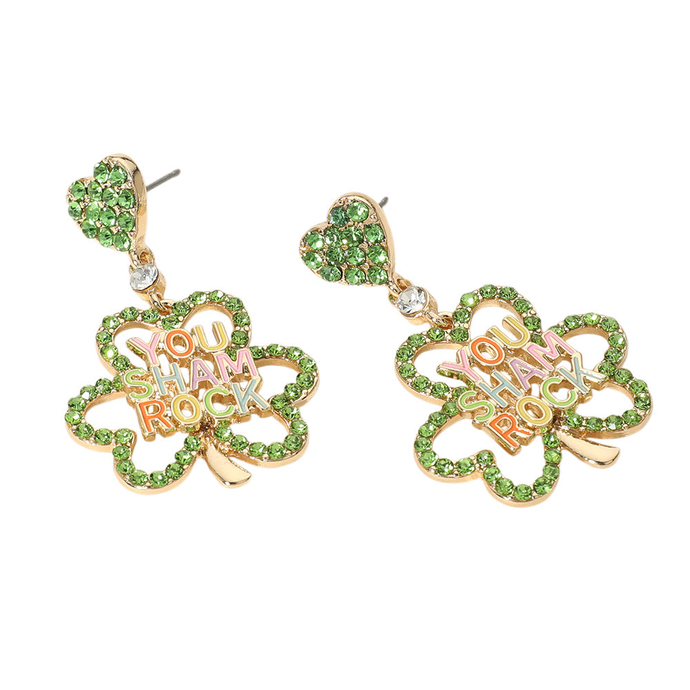 iLLASPARKZ YOU SHAMROCK Message Pointed Stone Paved Shamrock Dangle Earrings