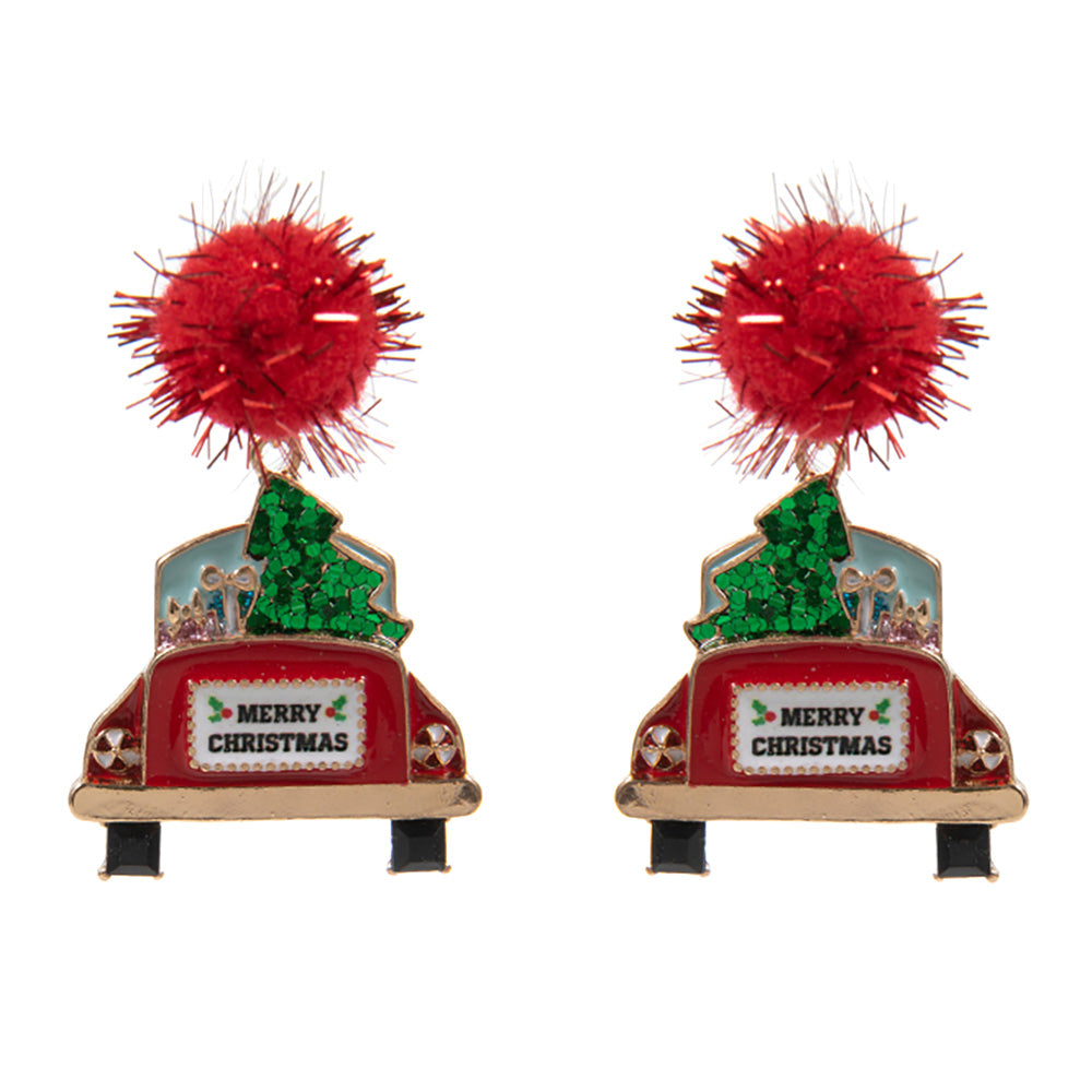 iLLASPARKZ Enamel Christmas Car Pom Pom Dangle Earrings