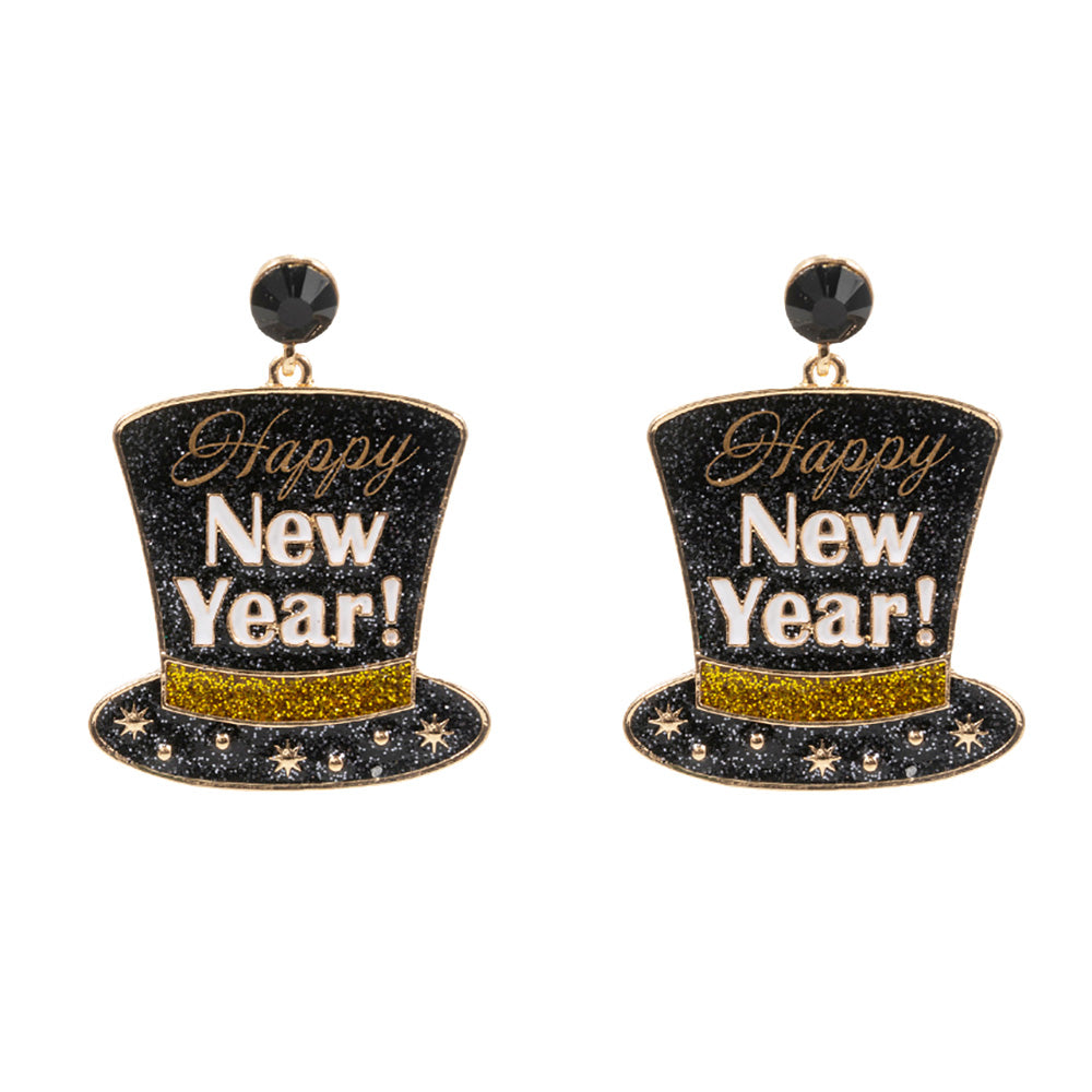 iLLASPARKZ Glittered Enamel Happy New Year Message Hat Dangle Earrings