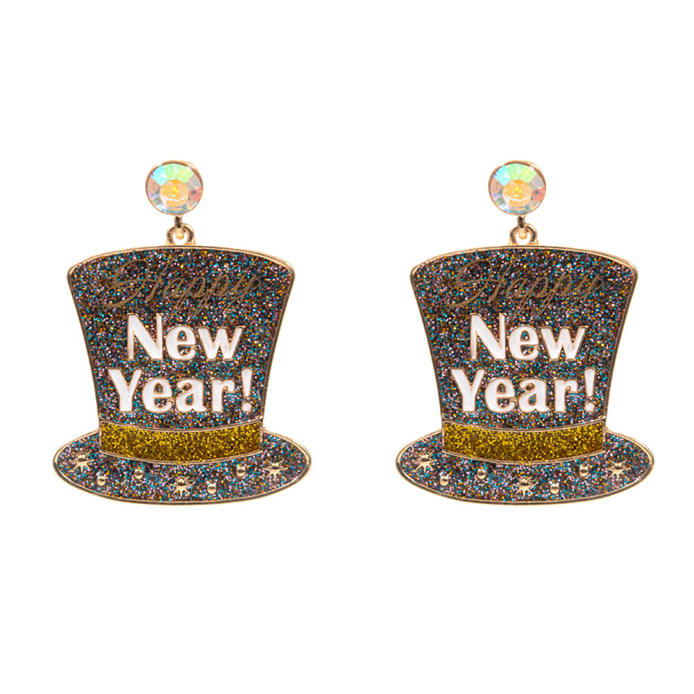 iLLASPARKZ Glittered Enamel Happy New Year Message Hat Dangle Earrings