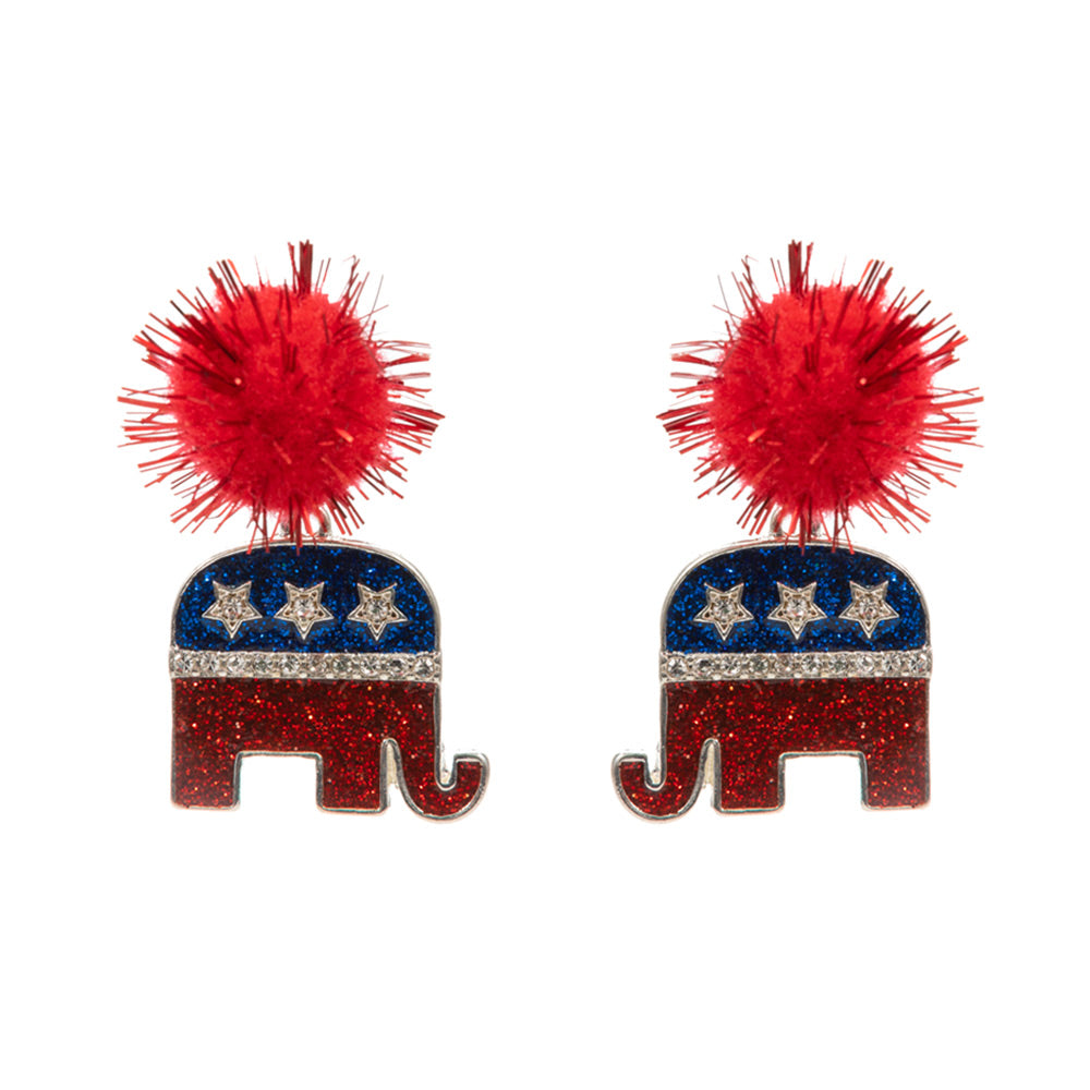 iLLASPARKZ Pom Pom Glittered Enamel Republican Elephant Dangle Earrings