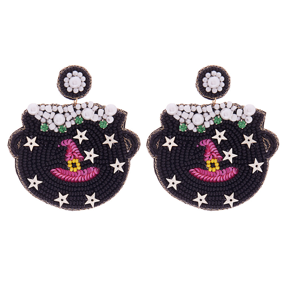 iLLASPARKZ Pearl Star Sequin Poinetd Seed Beaed Felt Back Halloween Witch Cauldron Earrings