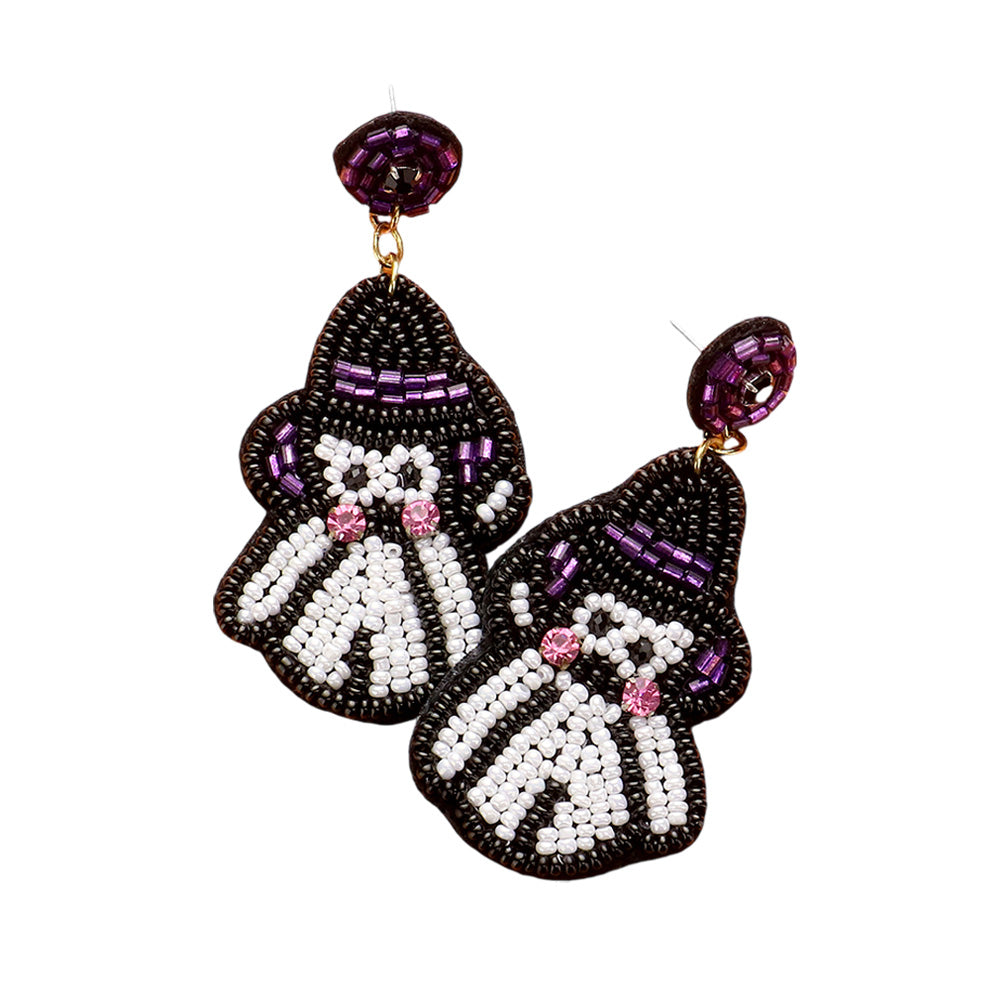 iLLASPARKZ Felt Back Seed Beaded Witch Hat Ghost Dangle Earrings