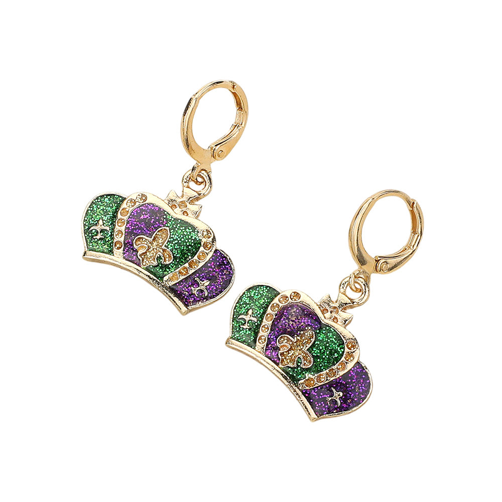 iLLASPARKZ Glittered Enamel Mardi Gras Crown Dangle Earrings