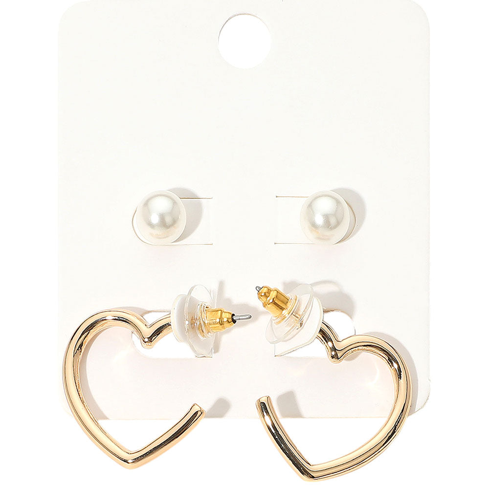 iLLASPARKZ 2Pairs - Pearl Stud Metal Heart Hoop Earring Set