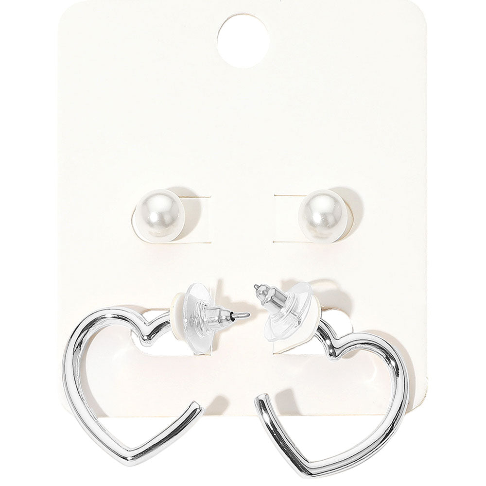 iLLASPARKZ 2Pairs - Pearl Stud Metal Heart Hoop Earring Set