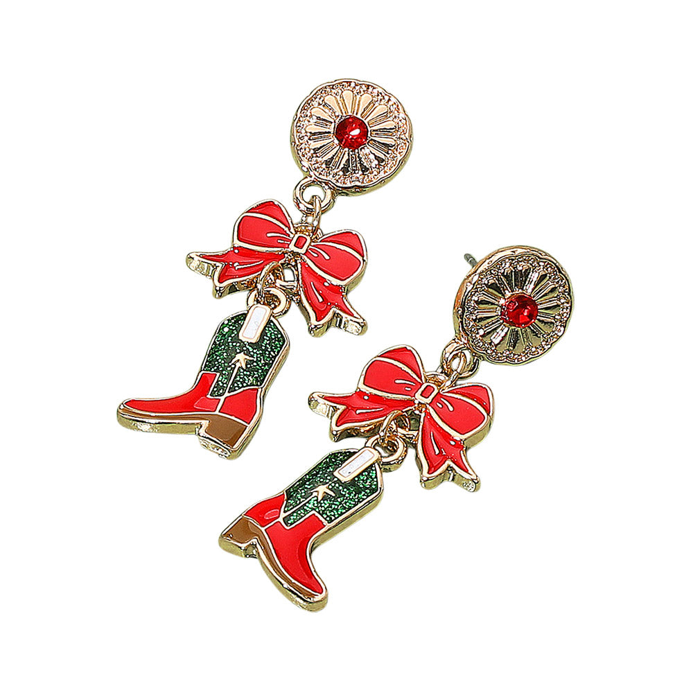 iLLASPARKZ Holiday Bow Accent Western Boot Dangle Earrings