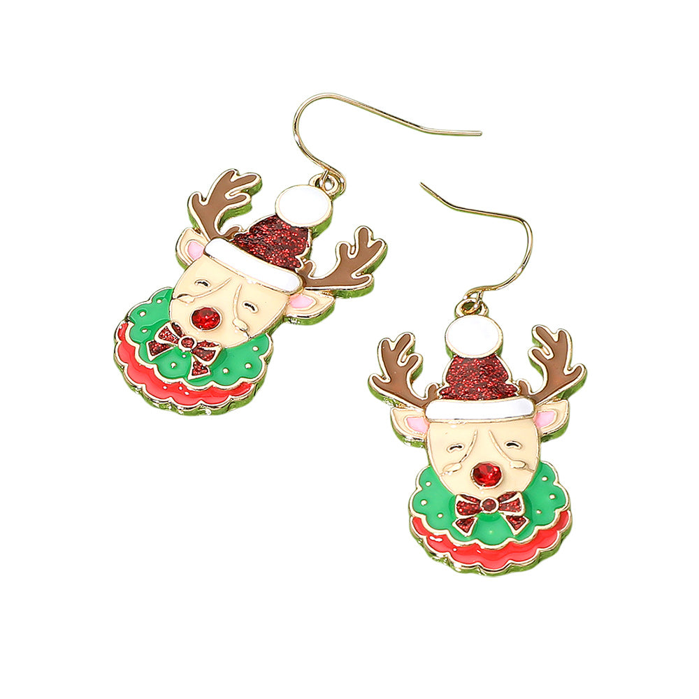 iLLASPARKZ Glittered Enamel Christmas Reindeer Dangle Earrings