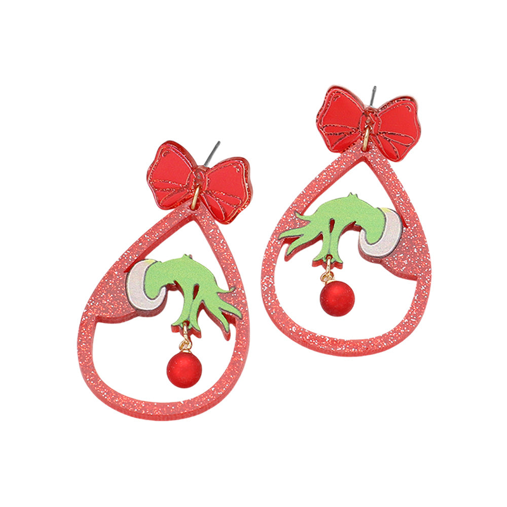iLLASPARKZ Glittered Resin Christmas Green Monster Hand Teardrop Dangle Earrings