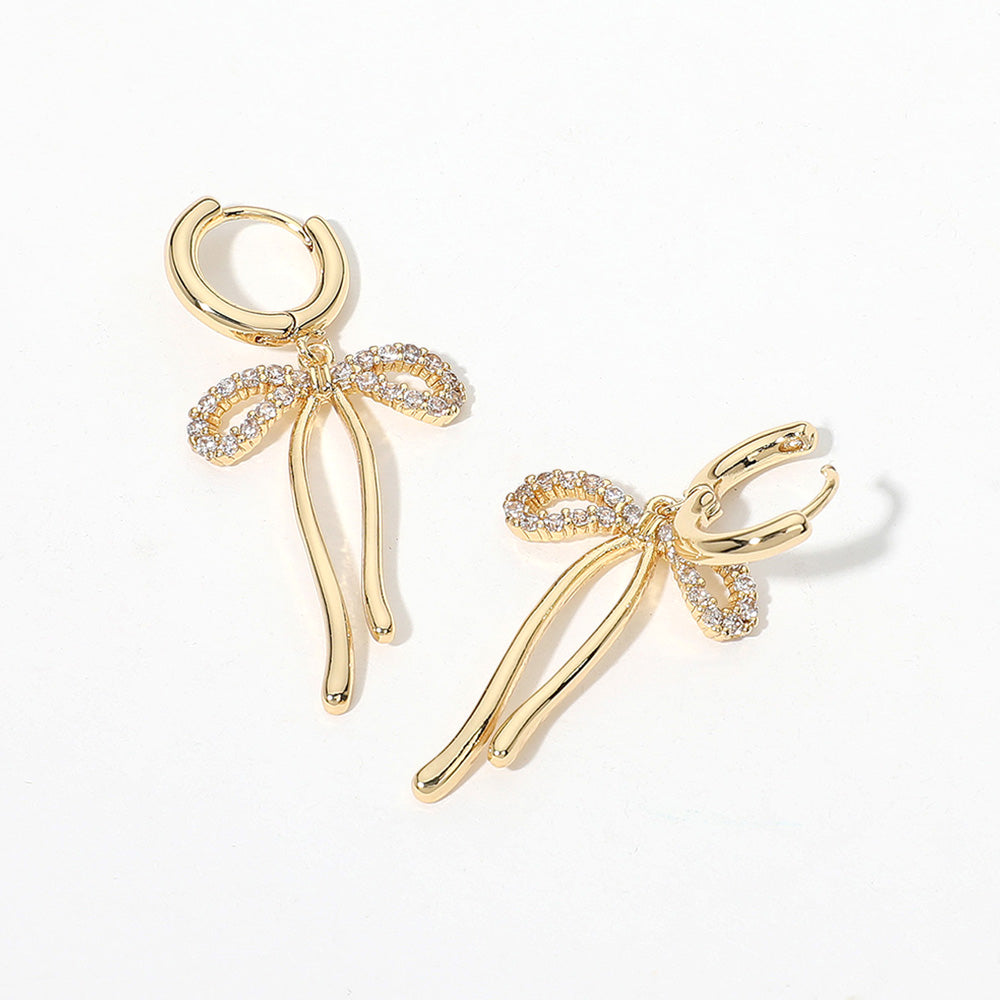 iLLASPARKZ 14K Gold Dipped CZ Stone Paved Dangling Ribbon Huggie Earrings