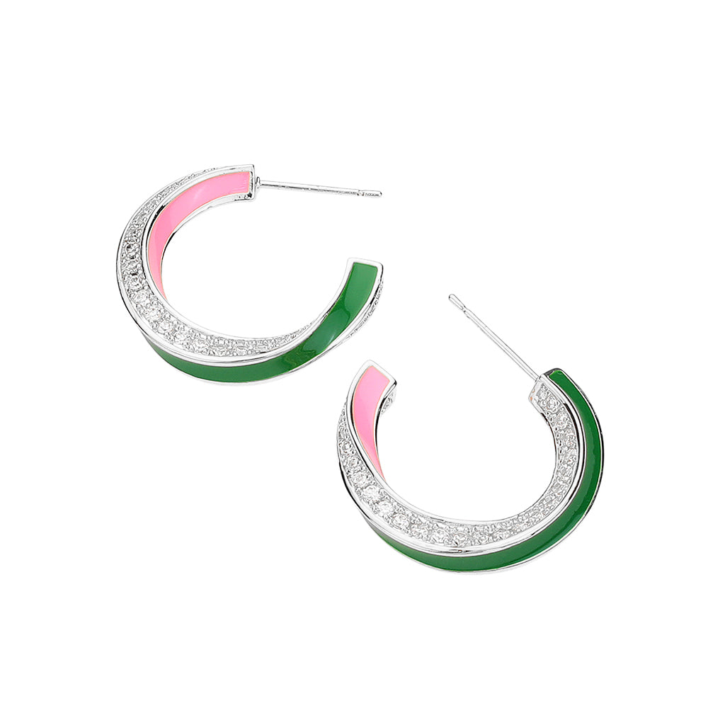 iLLASPARKZ 14K White Gold Dipped Enamel Curved CZ Stone Paved Hoop Earrings