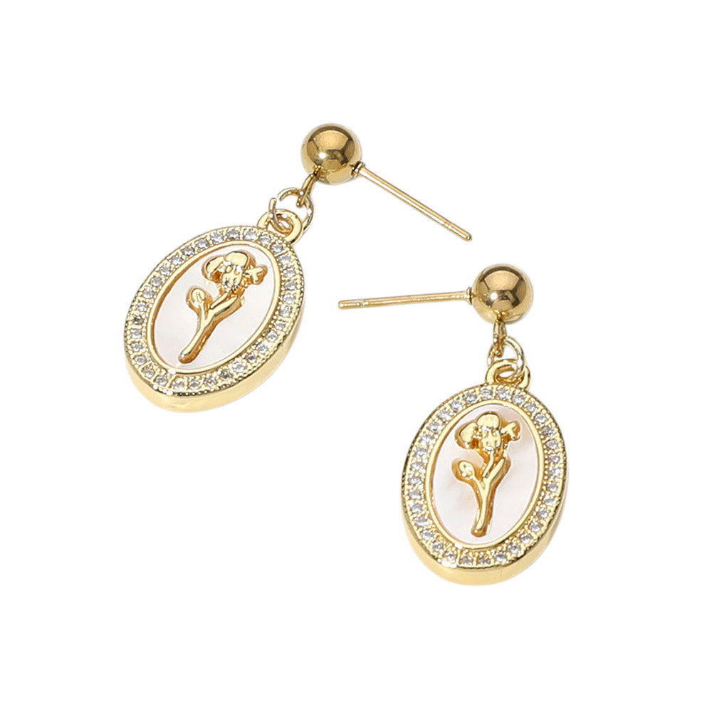 iLLASPARKZ Stainless Steel Stone Paved Tulip Flower Embossed Mother of Pearl Oval Dangle Earrings