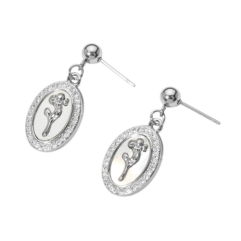 iLLASPARKZ Stainless Steel Stone Paved Tulip Flower Embossed Mother of Pearl Oval Dangle Earrings