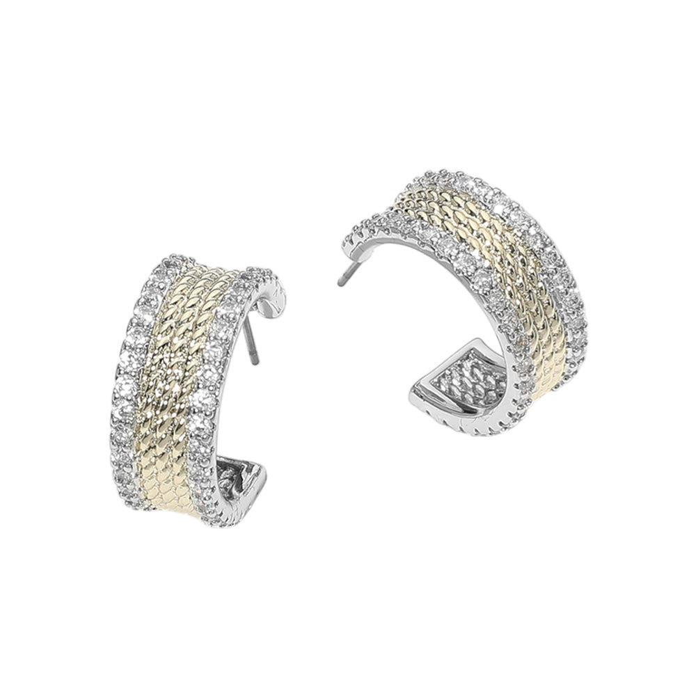 iLLASPARKZ 14K Gold Plated Two Tone CZ Stone Rim Textured Hoop Earrings