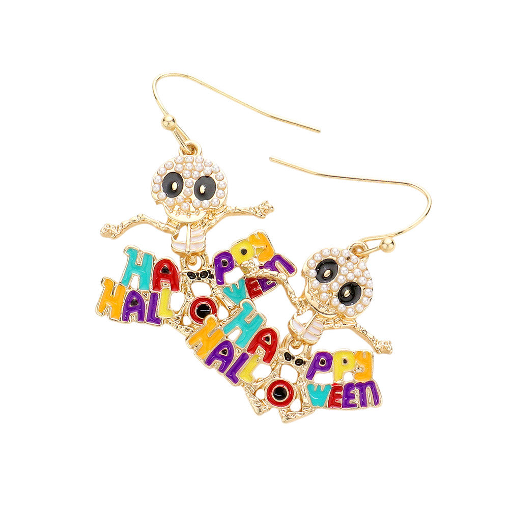iLLASPARKZ Enamel Metal Happy Halloween Message Pearl Embellished Skull Dangle Earrings