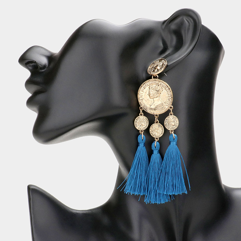 iLLASPARKZ Metal Coin Triple Tassel Dangle Earrings