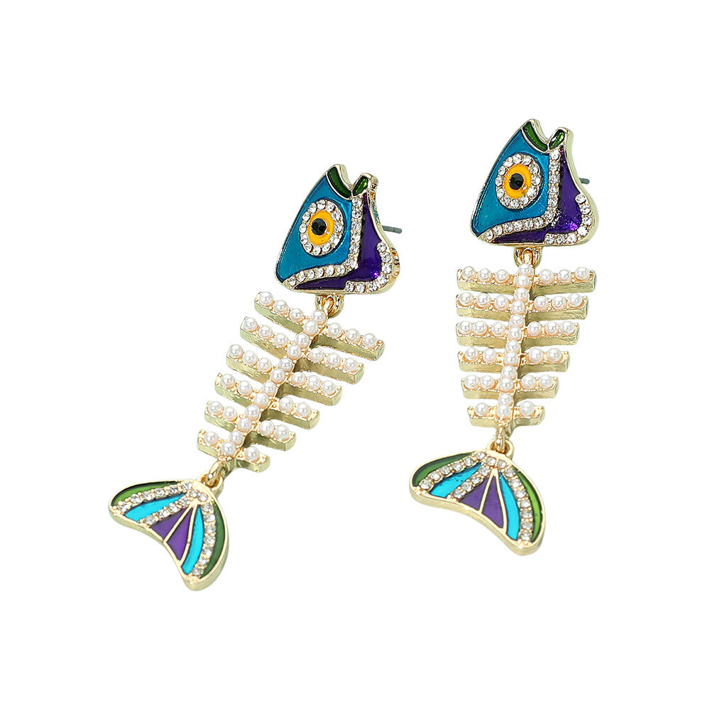 iLLASPARKZ Pearl Embellished Enamel Fish Skeleton Earrings