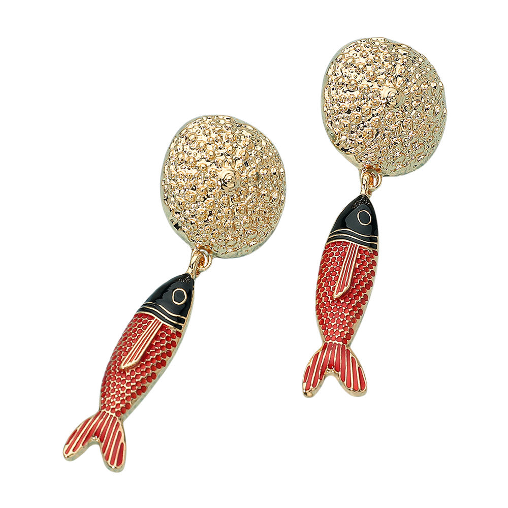 iLLASPARKZ Textured Disc Enamel Fish Dangle Drop Statement Earrings