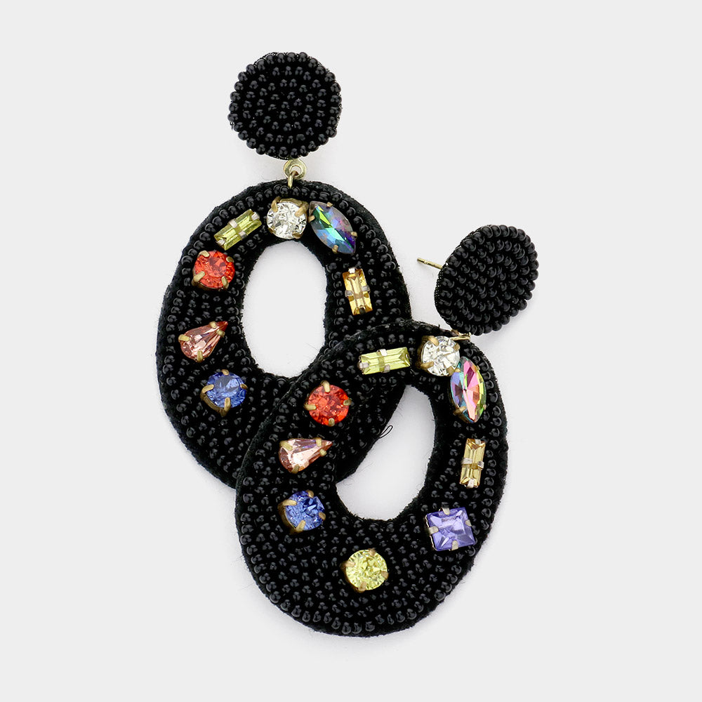 iLLASPARKZ Multi Stone Embellished Seed Beaded Cut Out Oval Dangle Earrings