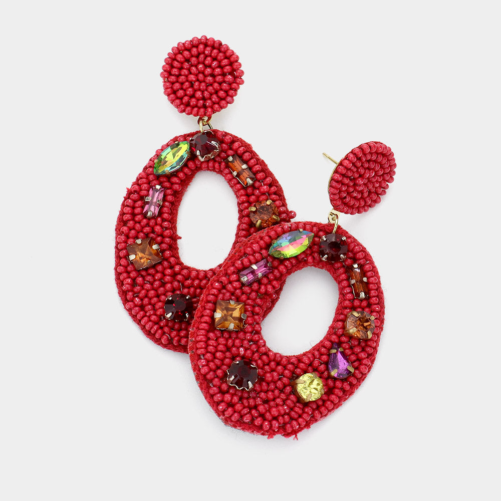 iLLASPARKZ Multi Stone Embellished Seed Beaded Cut Out Oval Dangle Earrings