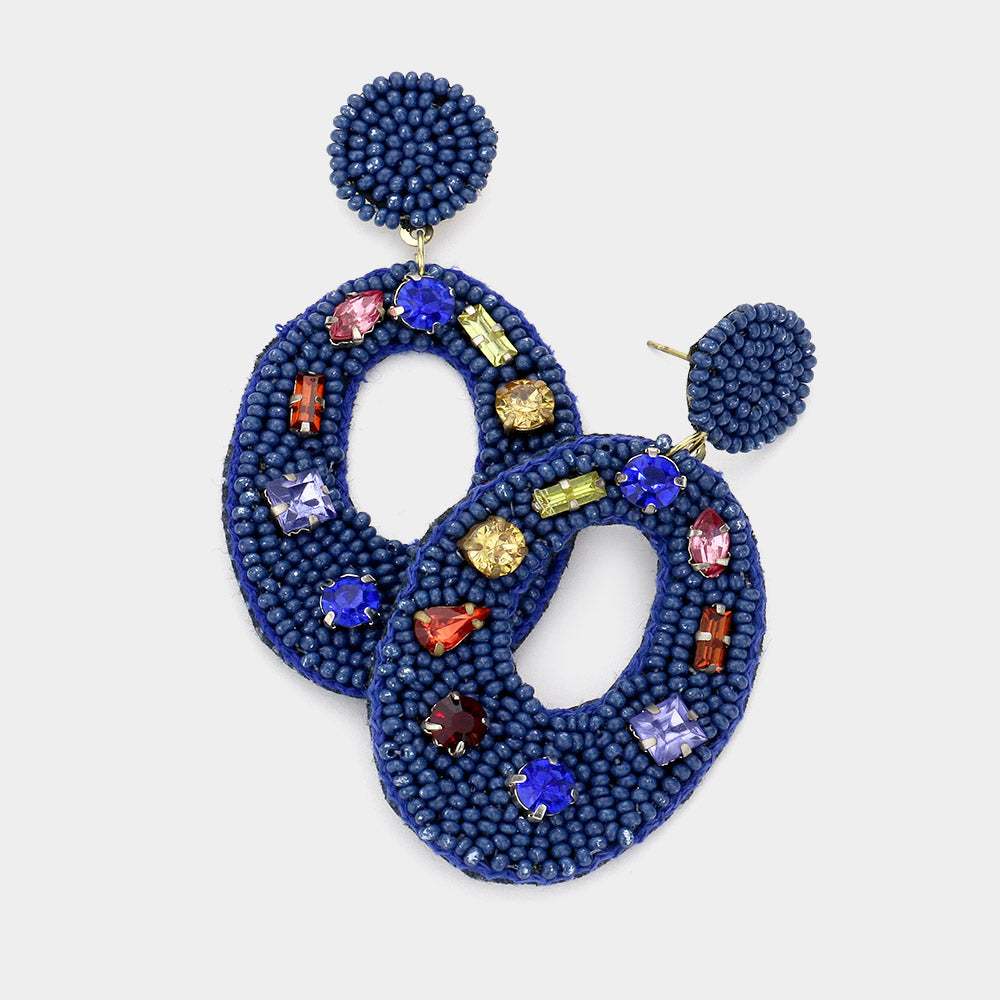 iLLASPARKZ Multi Stone Embellished Seed Beaded Cut Out Oval Dangle Earrings