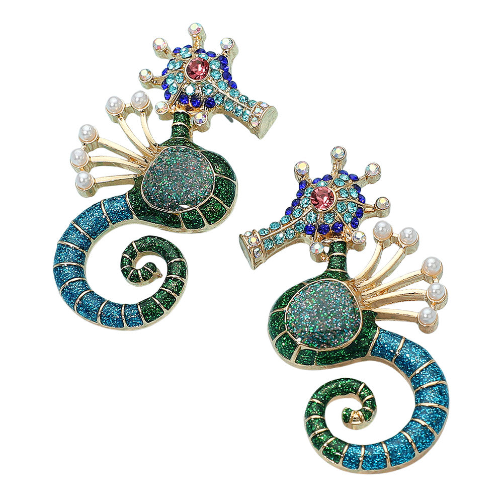 iLLASPARKZ Pearl Rhinestone Embellished Seahorse Statement Earrings