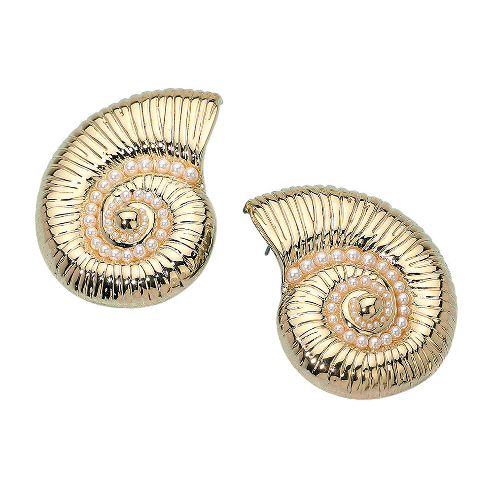 iLLASPARKZ Pearl Paved Textured Metal Spiral Seashell Statement Earrings