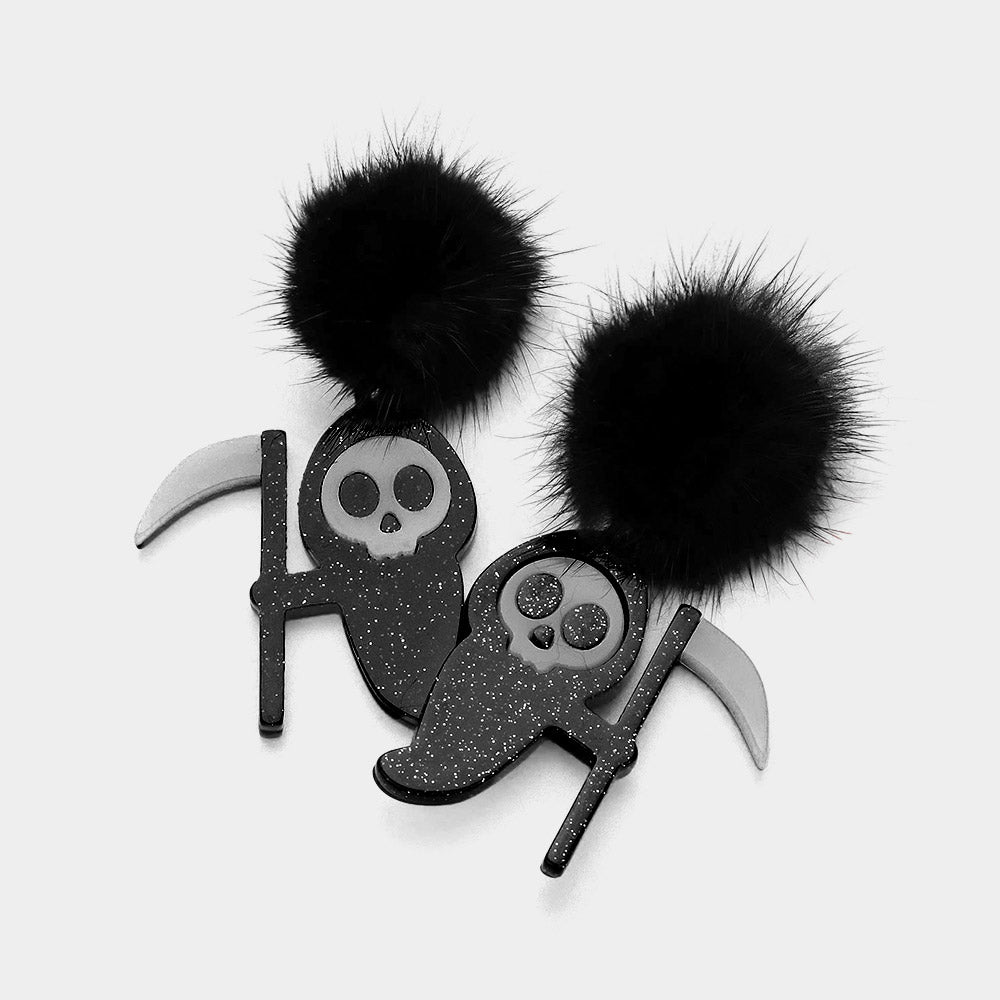 iLLASPARKZ Glow In The Dark Pom Pom Skull Grim Reaper Dangle Earrings