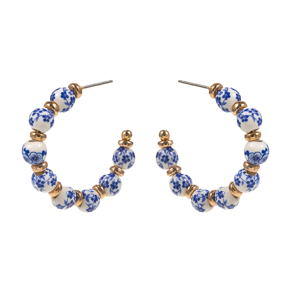 iLLASPARKZ Blue Floral Patterned Ceramic Ball Beaded Hoop Earrings