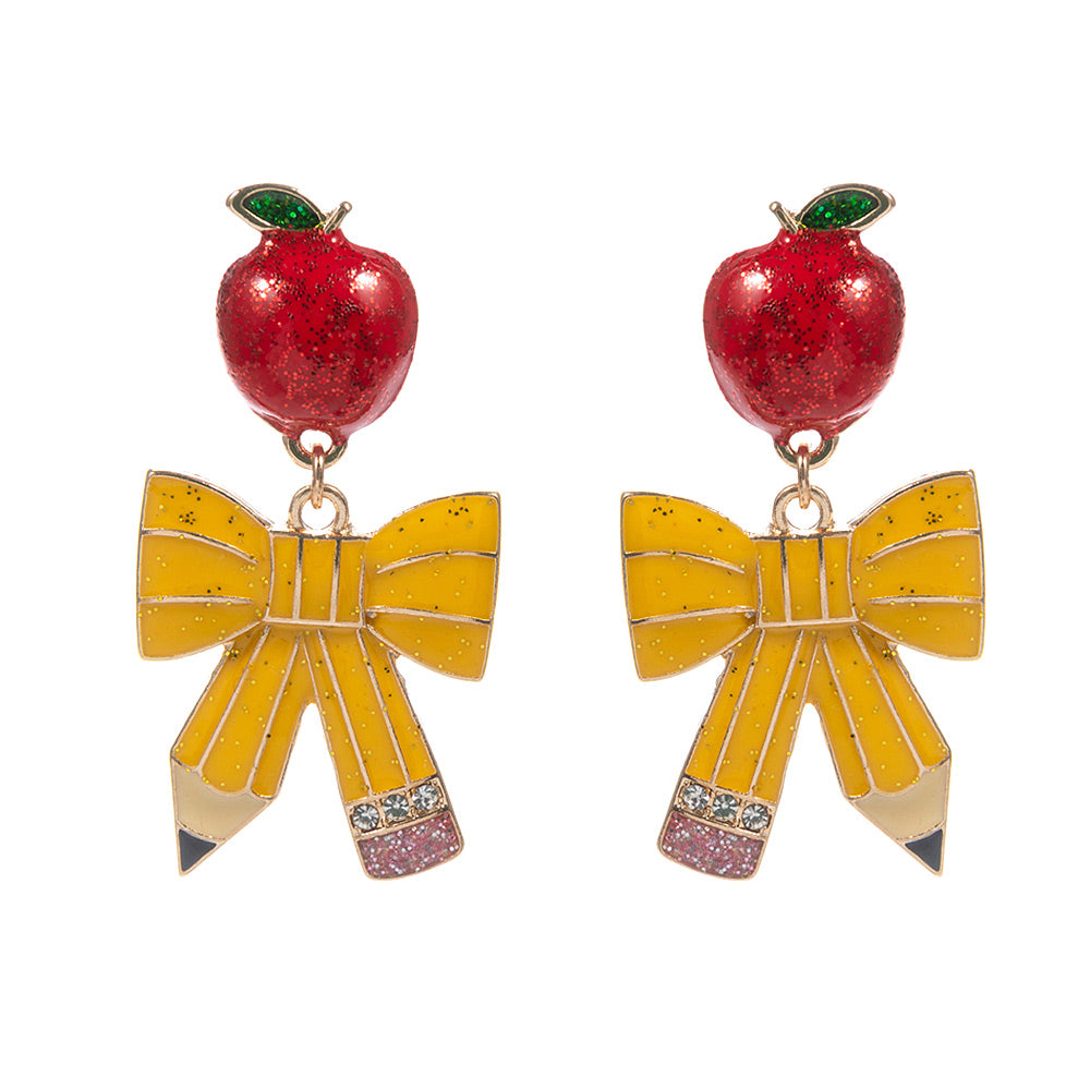 iLLASPARKZ Enamel Apple Bow Pencil Dangle Earrings