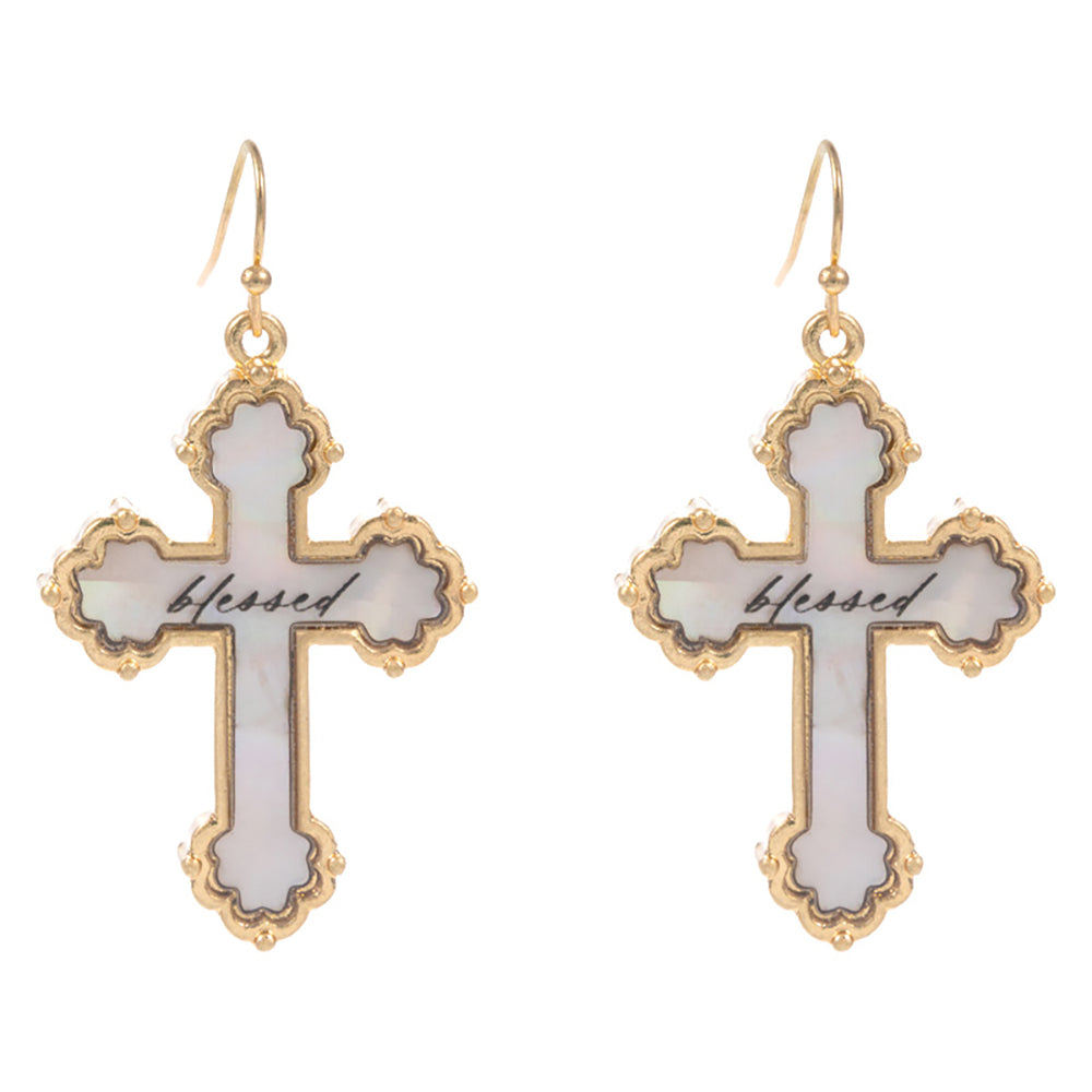 iLLASPARKZ BLESSED Message Mother of Pearl Cross Dangle Earrings