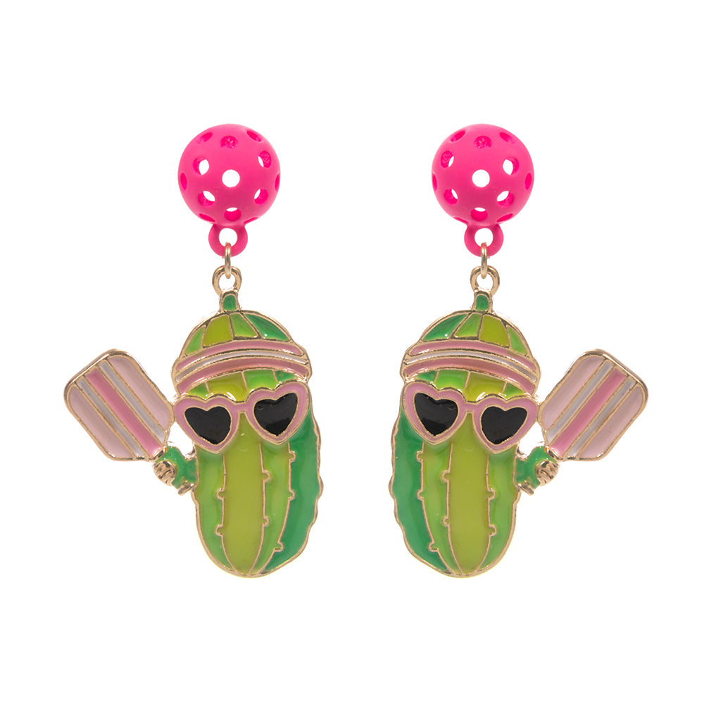 iLLASPARKZ Enamel Funny Pickle Pickleball Player Dangle Earrings