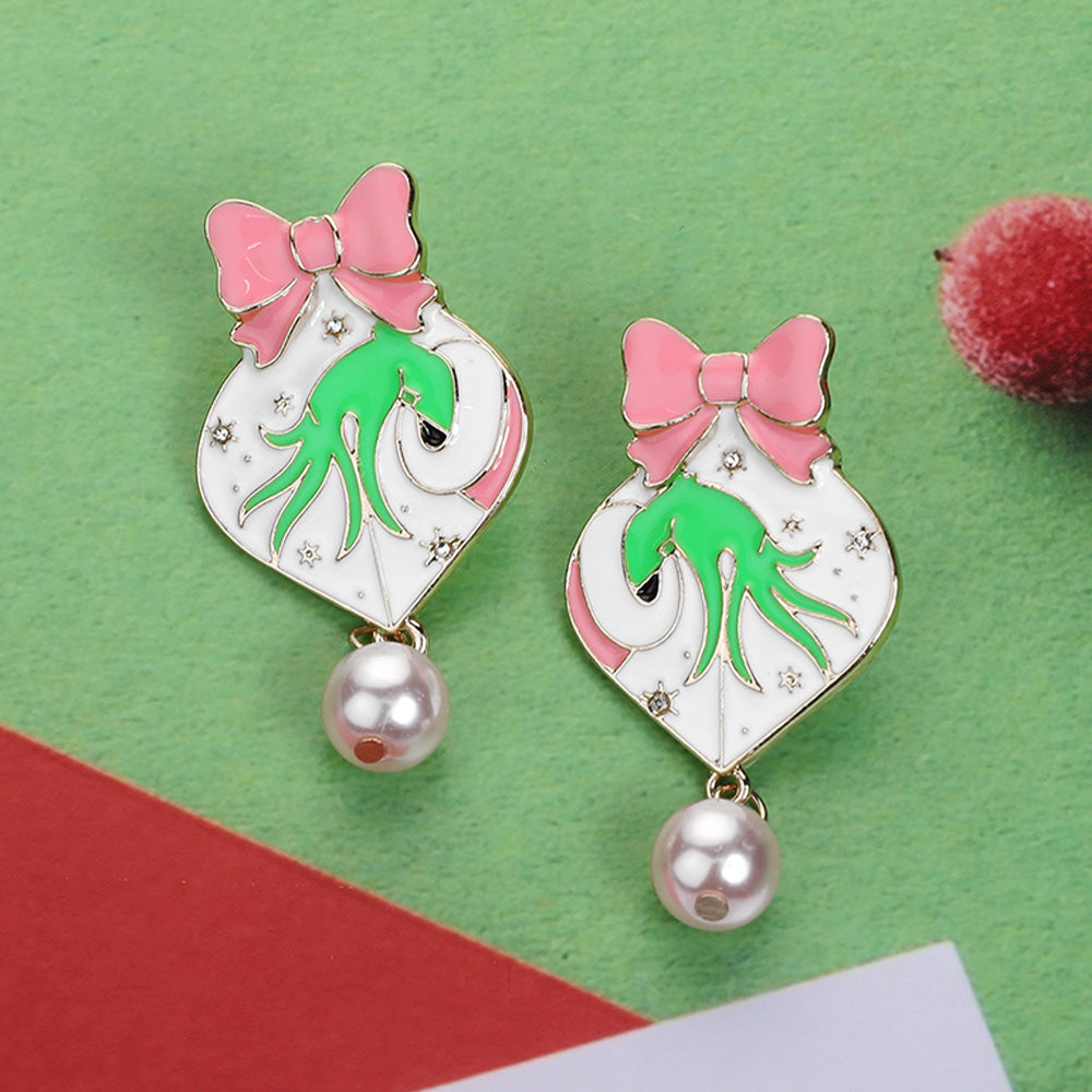 iLLASPARKZ Pearl Dangle Enamel Christmas Green Monster Hand Earrings