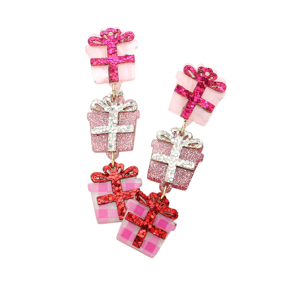 iLLASPARKZ Glittered Resin Triple Christmas Gift Link Dangle Earrings