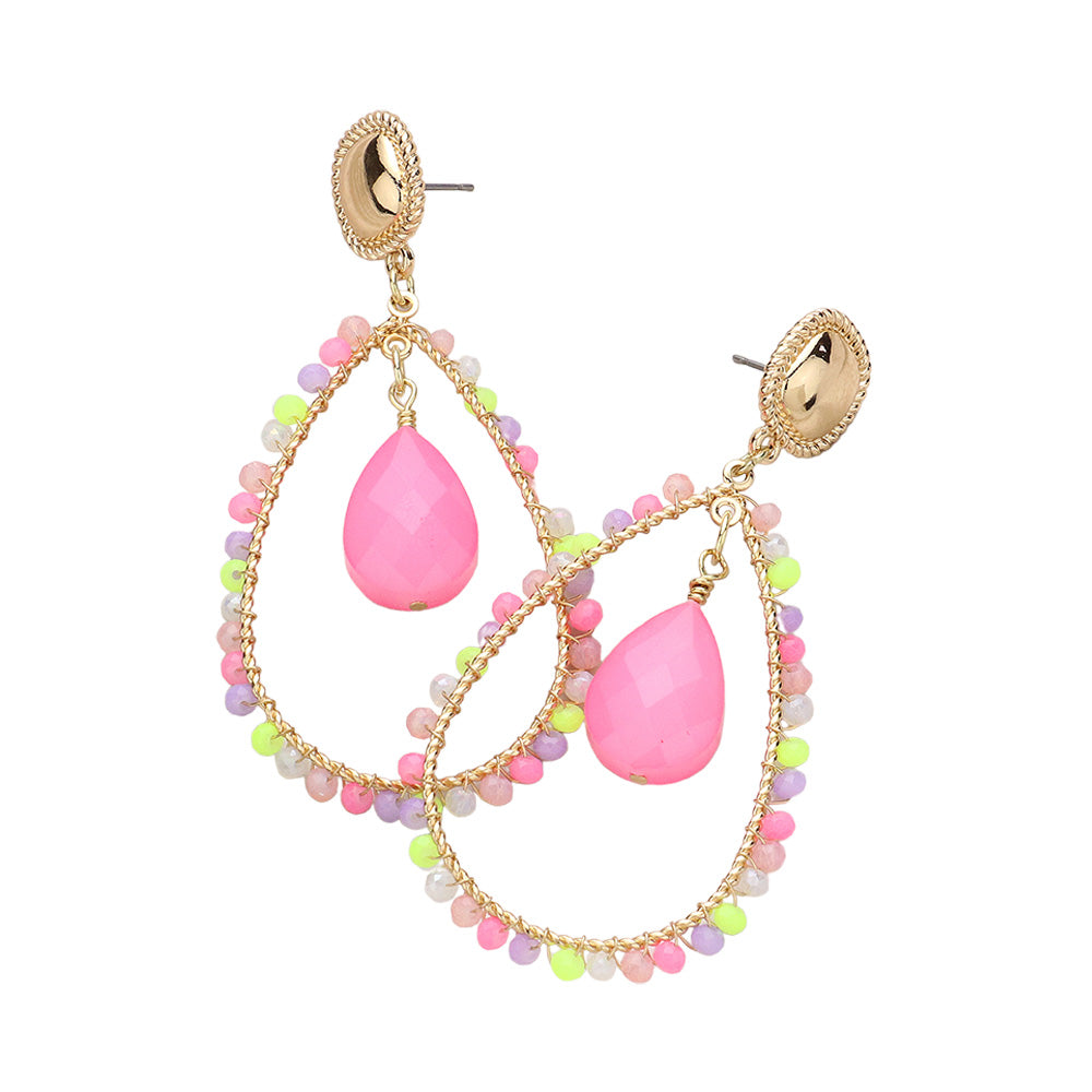 iLLASPARKZ Teardrop Stone Pointed Faceted Beaded Open Teardrop Dangle Earrings