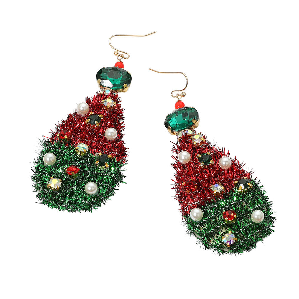 iLLASPARKZ Stone Cluster Pearl Embellished Christmas Tinsel Teardrop Dangle Earrings