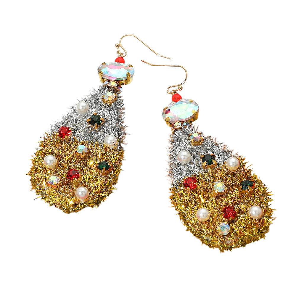 iLLASPARKZ Stone Cluster Pearl Embellished Christmas Tinsel Teardrop Dangle Earrings