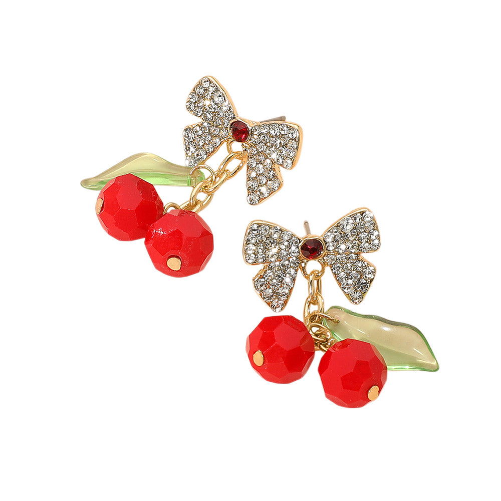 iLLASPARKZ Stone Paved Bow Cherry Dangle Earrings