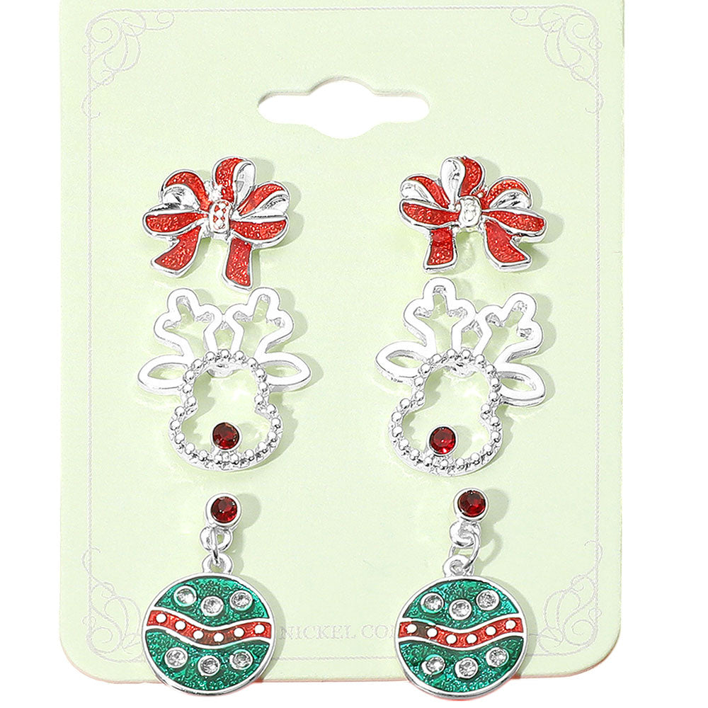 iLLASPARKZ 3Pairs - Bow Reindeer Holiday Ornament Earring Set