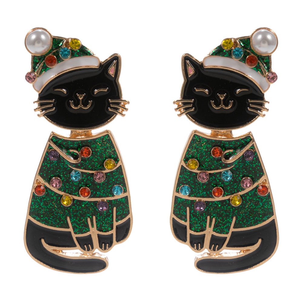 iLLASPARKZ Festive Holiday Santa Hat Black Cat Earrings