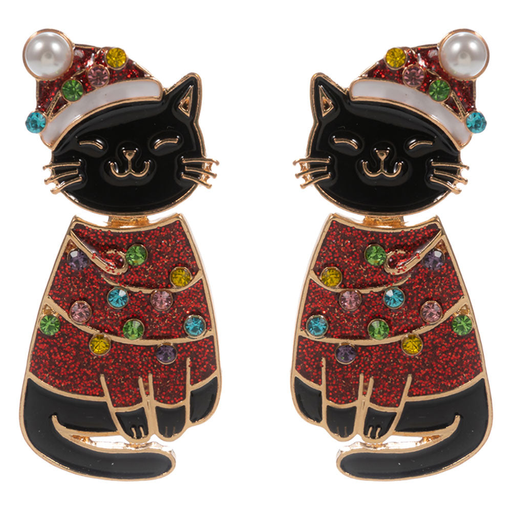 iLLASPARKZ Festive Holiday Santa Hat Black Cat Earrings