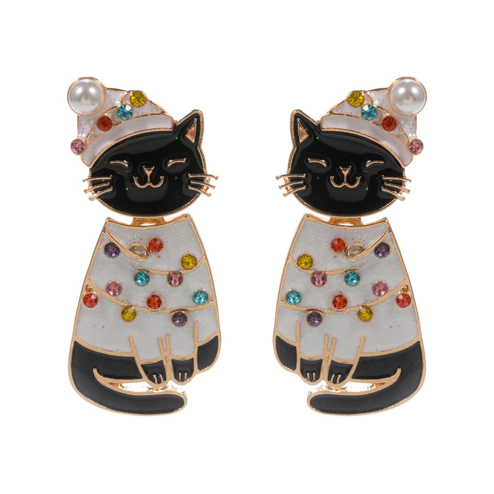 iLLASPARKZ Festive Holiday Santa Hat Black Cat Earrings