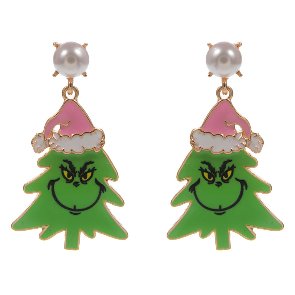 iLLASPARKZ Pearl Accent Green Monster Santa Christmas Tree Dangle Earrings