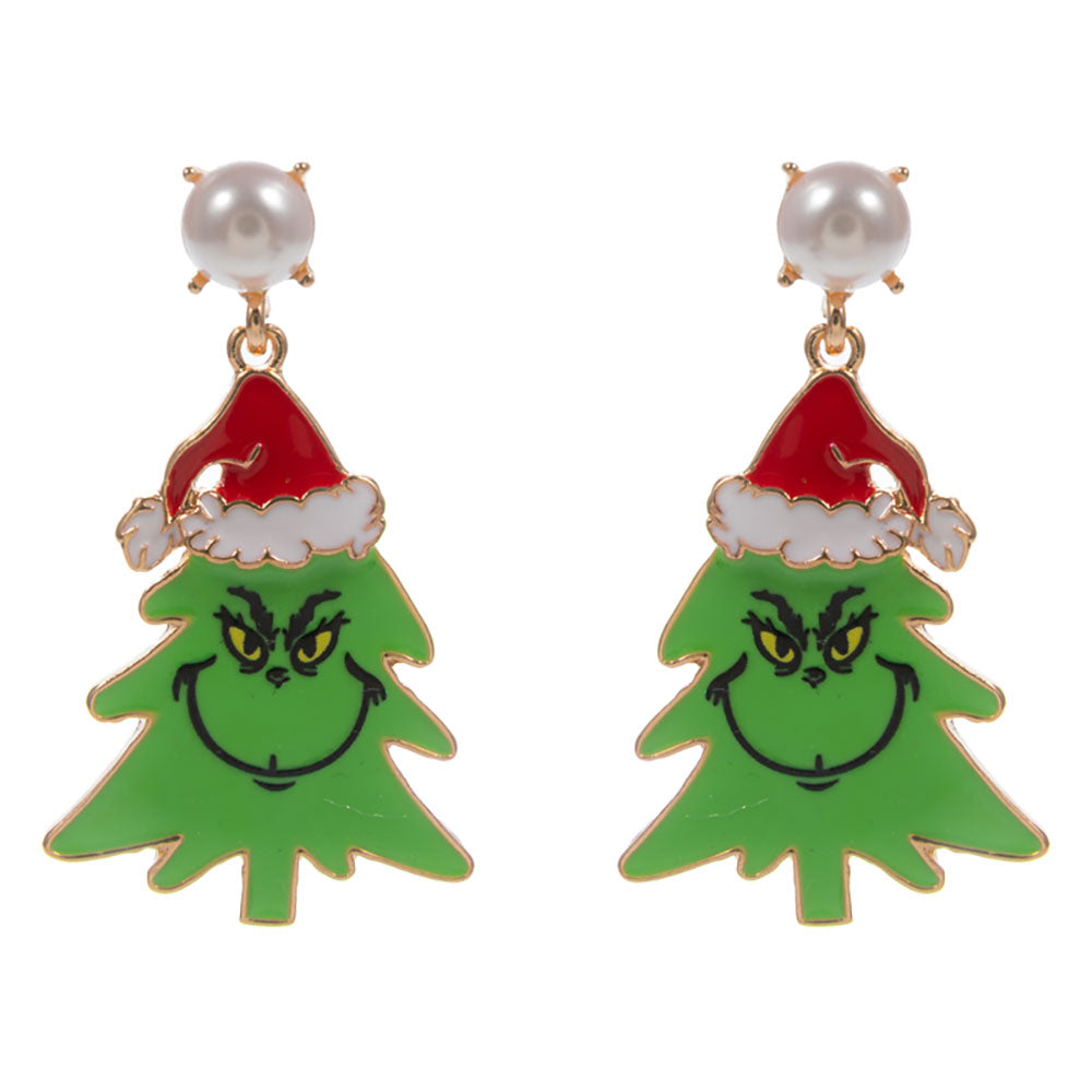 iLLASPARKZ Pearl Accent Green Monster Santa Christmas Tree Dangle Earrings