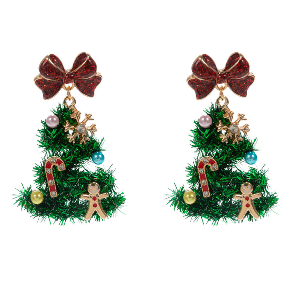 iLLASPARKZ Whimsical Pearl Bow Snowflake Charm Tinsel Christmas Tree Dangle Earrings