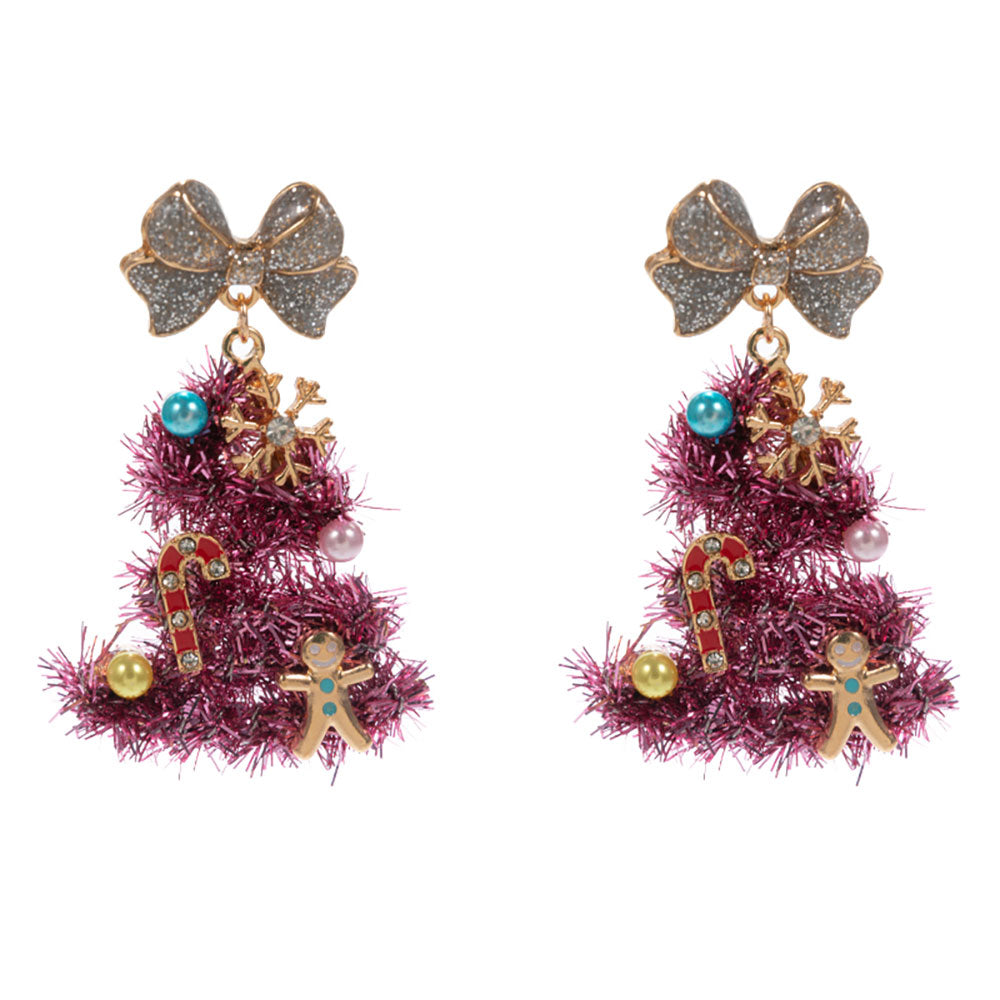 iLLASPARKZ Whimsical Pearl Bow Snowflake Charm Tinsel Christmas Tree Dangle Earrings