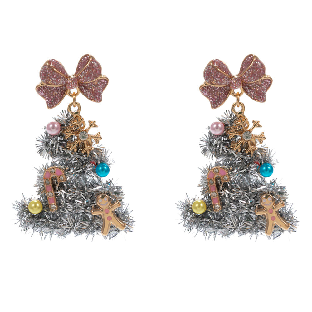iLLASPARKZ Whimsical Pearl Bow Snowflake Charm Tinsel Christmas Tree Dangle Earrings