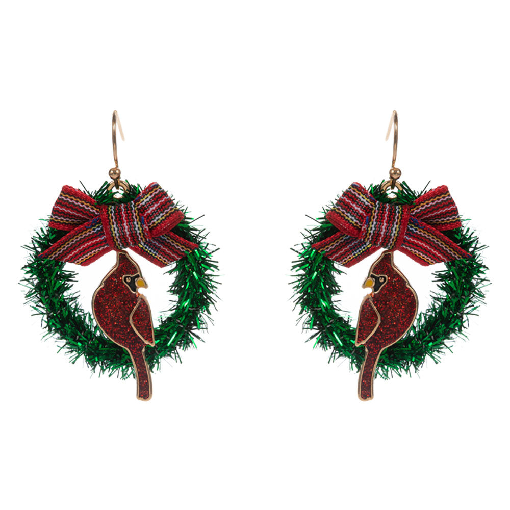 iLLASPARKZ Holiday Bow Accnet Cardinal Wreath Dangle Earrings